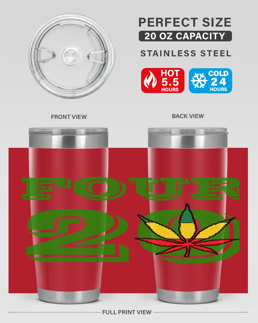 Four Twenty 87# Marijuana Tumbler in stainless steel with a vibrant design, showcasing its double wall vacuum insulation.