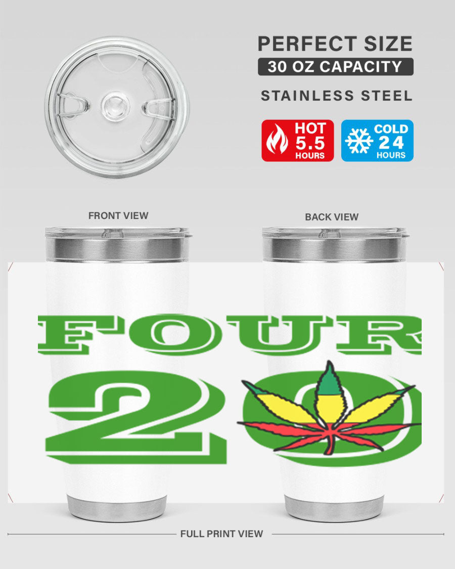 Four Twenty 87# Marijuana Tumbler in stainless steel with a vibrant design, showcasing its double wall vacuum insulation.
