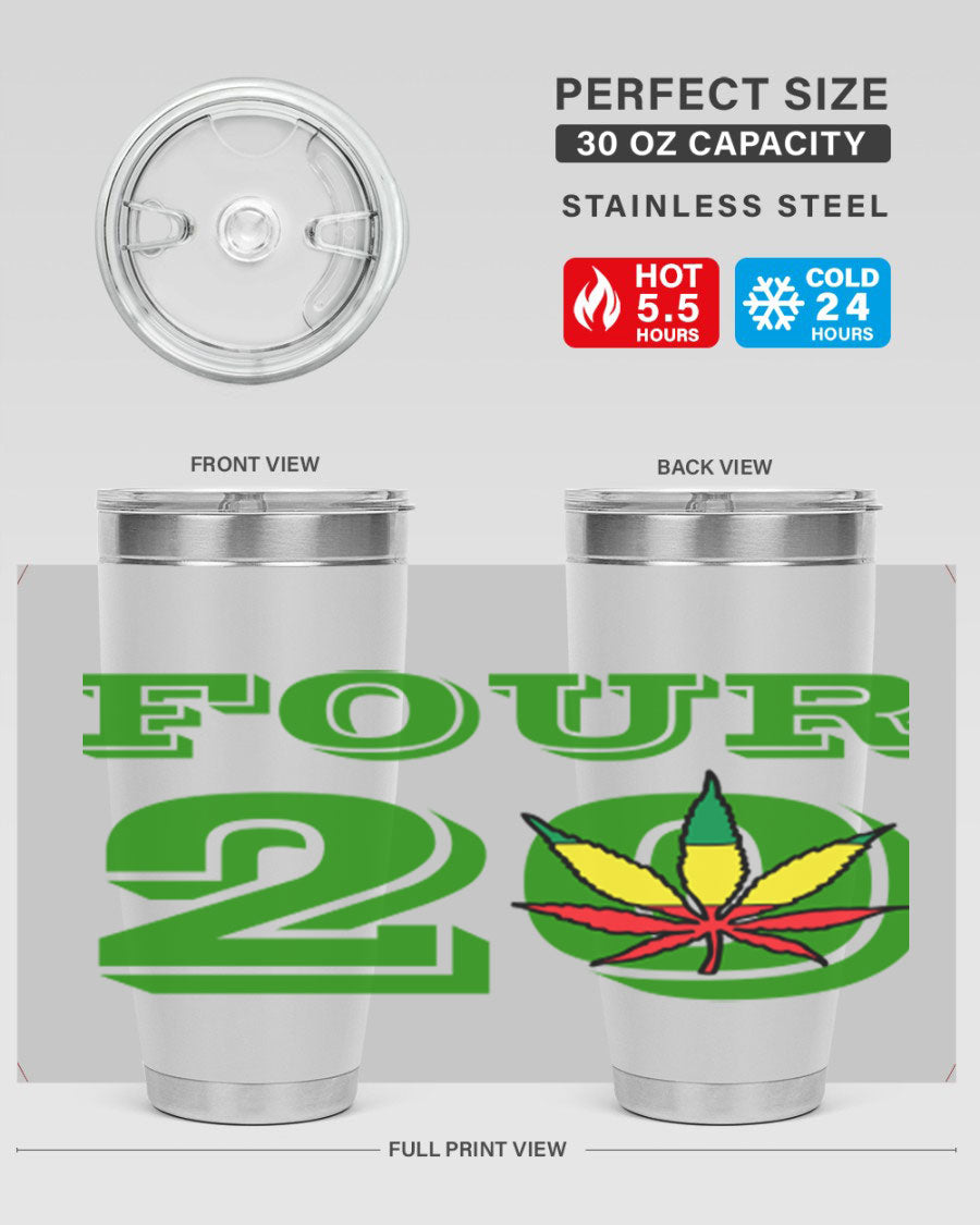Four Twenty 87# Marijuana Tumbler in stainless steel with a vibrant design, showcasing its double wall vacuum insulation.
