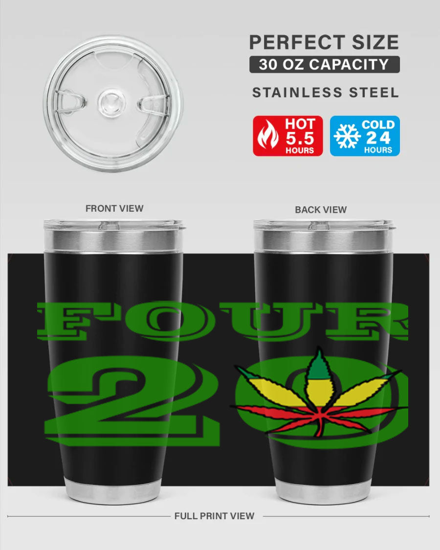 Four Twenty 87# Marijuana Tumbler in stainless steel with a vibrant design, showcasing its double wall vacuum insulation.