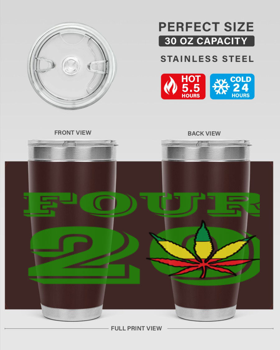Four Twenty 87# Marijuana Tumbler in stainless steel with a vibrant design, showcasing its double wall vacuum insulation.