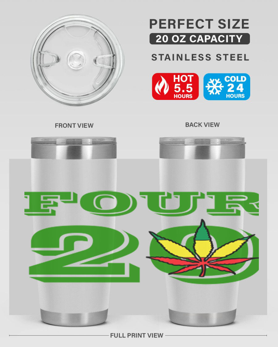 Four Twenty 87# Marijuana Tumbler in stainless steel with a vibrant design, showcasing its double wall vacuum insulation.