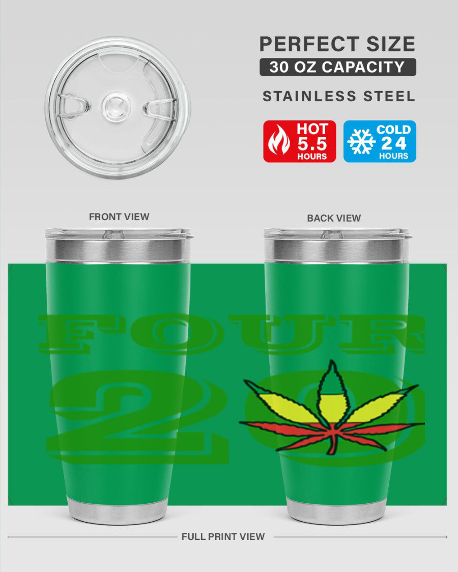 Four Twenty 87# Marijuana Tumbler in stainless steel with a vibrant design, showcasing its double wall vacuum insulation.