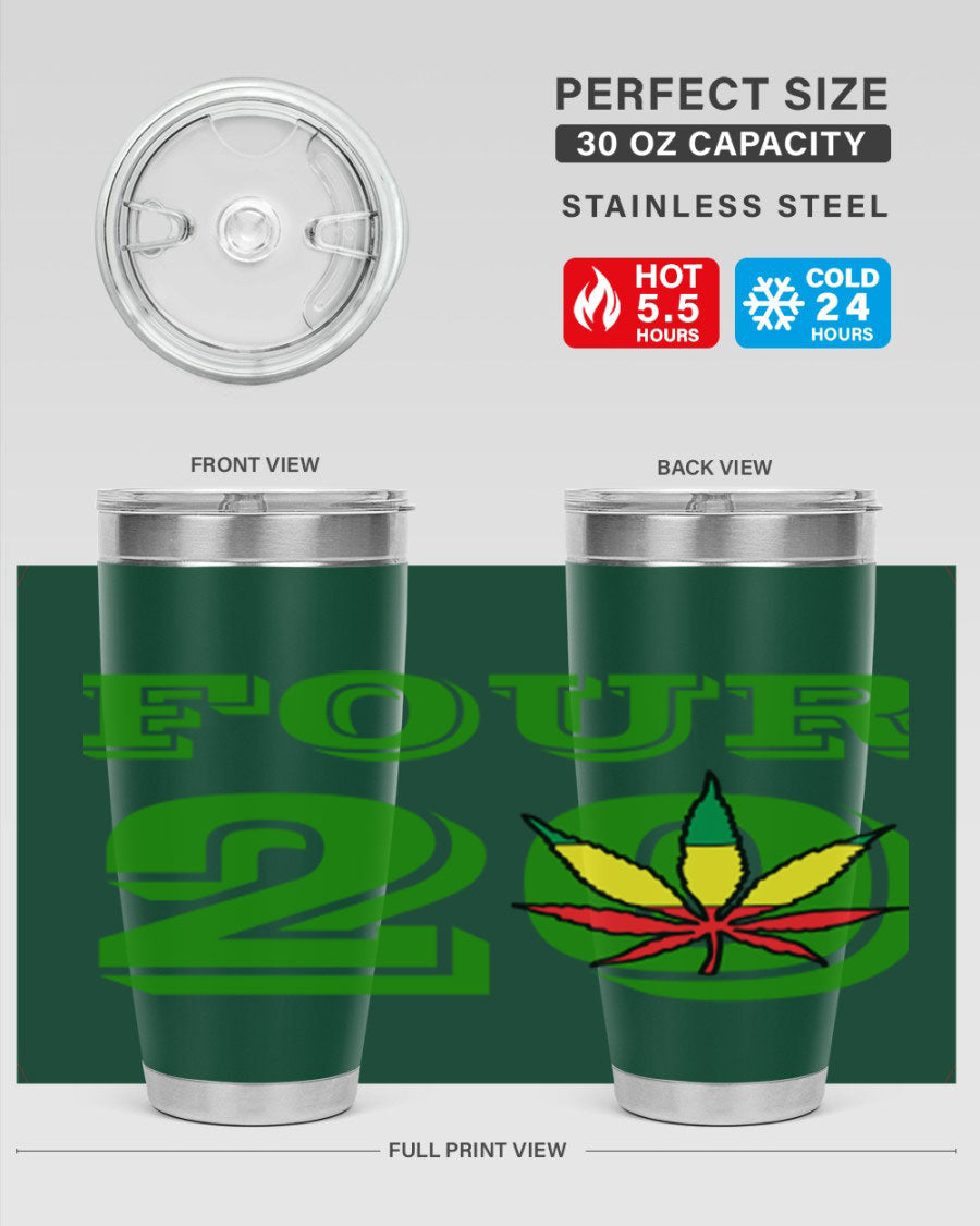 Four Twenty 87# Marijuana Tumbler in stainless steel with a vibrant design, showcasing its double wall vacuum insulation.