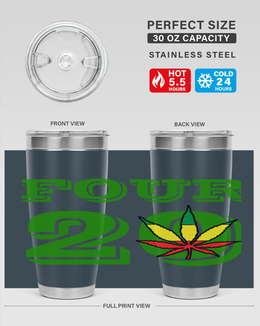 Four Twenty 87# Marijuana Tumbler in stainless steel with a vibrant design, showcasing its double wall vacuum insulation.
