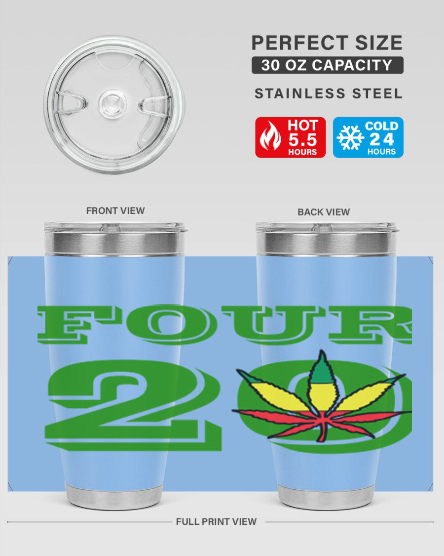Four Twenty 87# Marijuana Tumbler in stainless steel with a vibrant design, showcasing its double wall vacuum insulation.