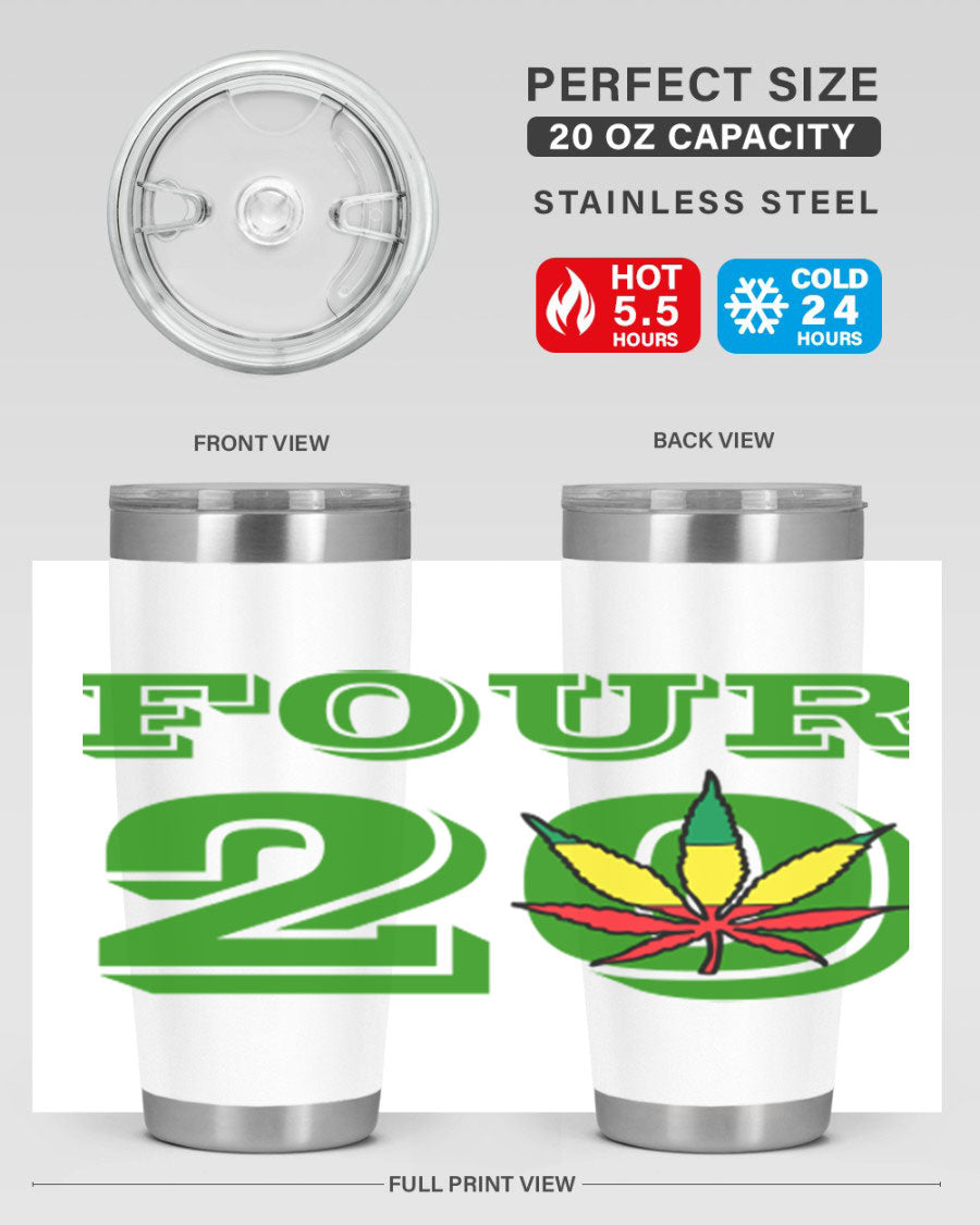 Four Twenty 87# Marijuana Tumbler in stainless steel with a vibrant design, showcasing its double wall vacuum insulation.