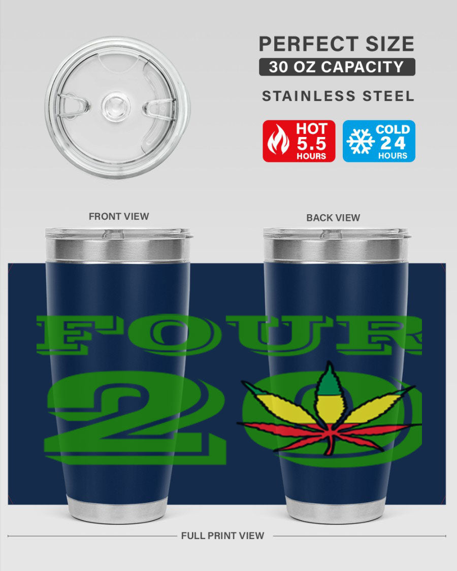 Four Twenty 87# Marijuana Tumbler in stainless steel with a vibrant design, showcasing its double wall vacuum insulation.