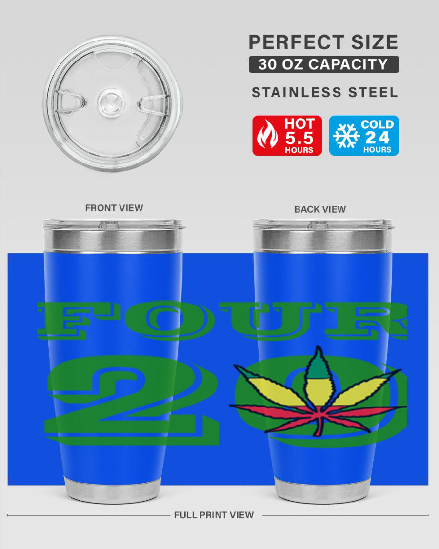 Four Twenty 87# Marijuana Tumbler in stainless steel with a vibrant design, showcasing its double wall vacuum insulation.