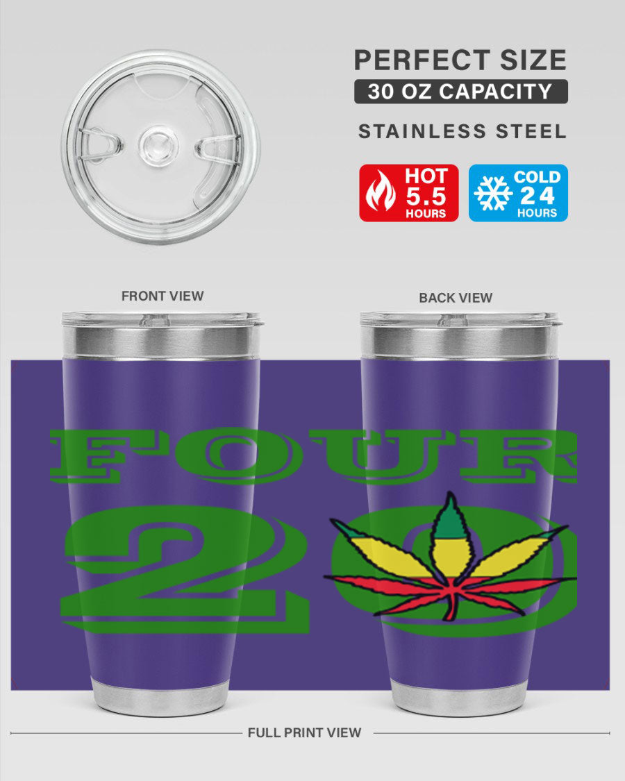Four Twenty 87# Marijuana Tumbler in stainless steel with a vibrant design, showcasing its double wall vacuum insulation.