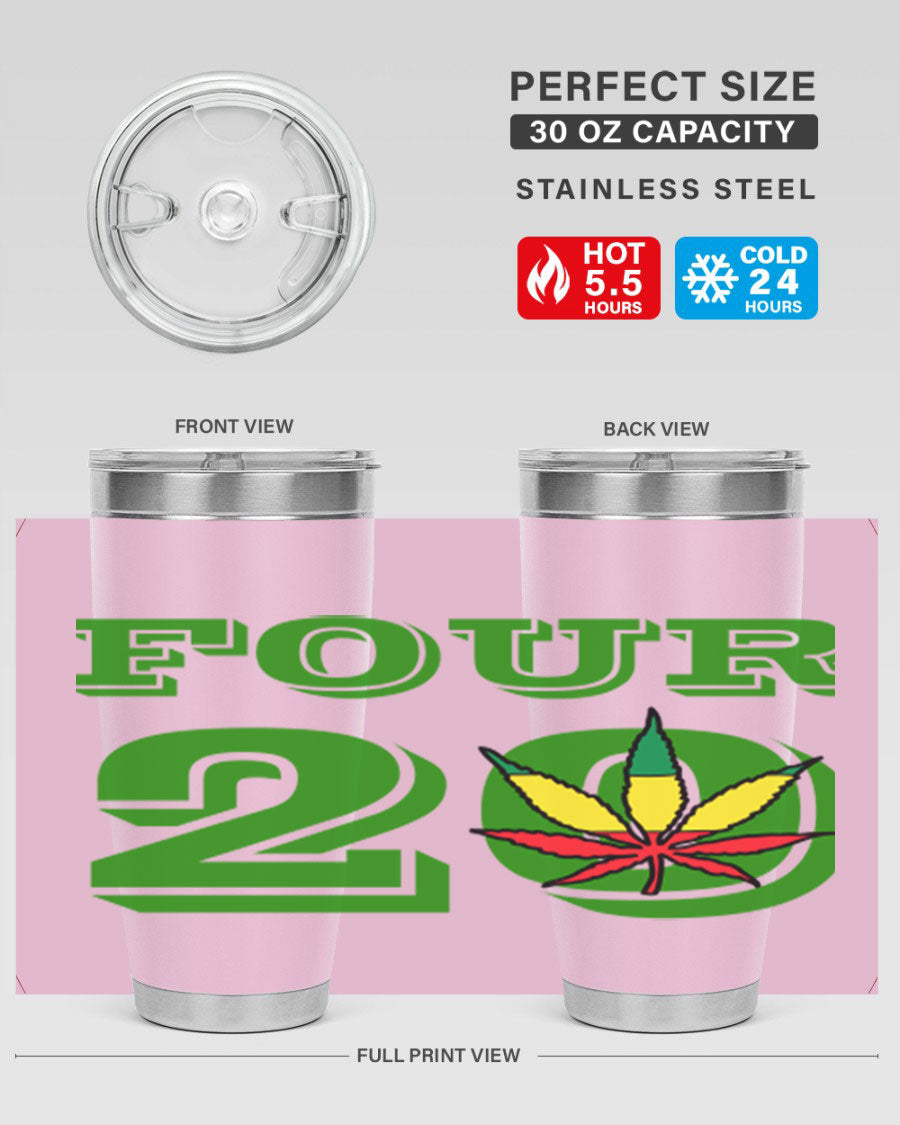 Four Twenty 87# Marijuana Tumbler in stainless steel with a vibrant design, showcasing its double wall vacuum insulation.