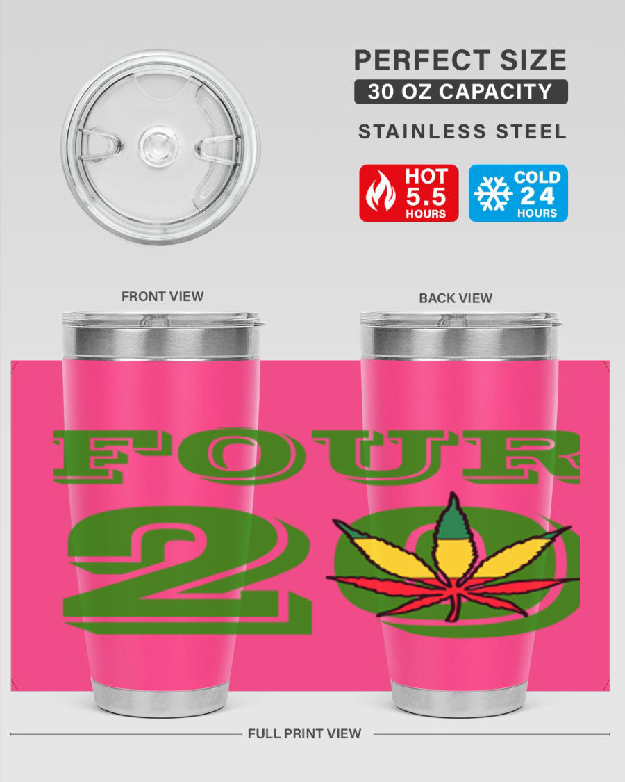 Four Twenty 87# Marijuana Tumbler in stainless steel with a vibrant design, showcasing its double wall vacuum insulation.