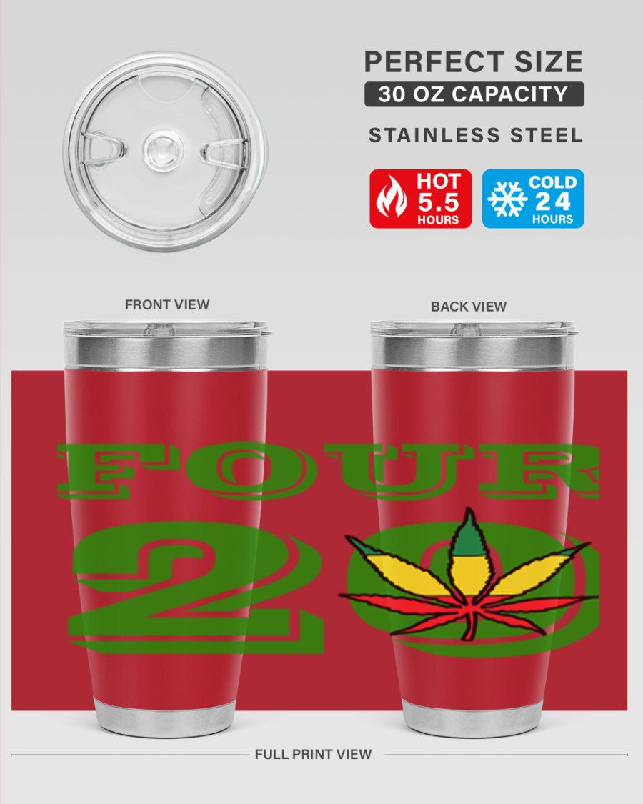 Four Twenty 87# Marijuana Tumbler in stainless steel with a vibrant design, showcasing its double wall vacuum insulation.