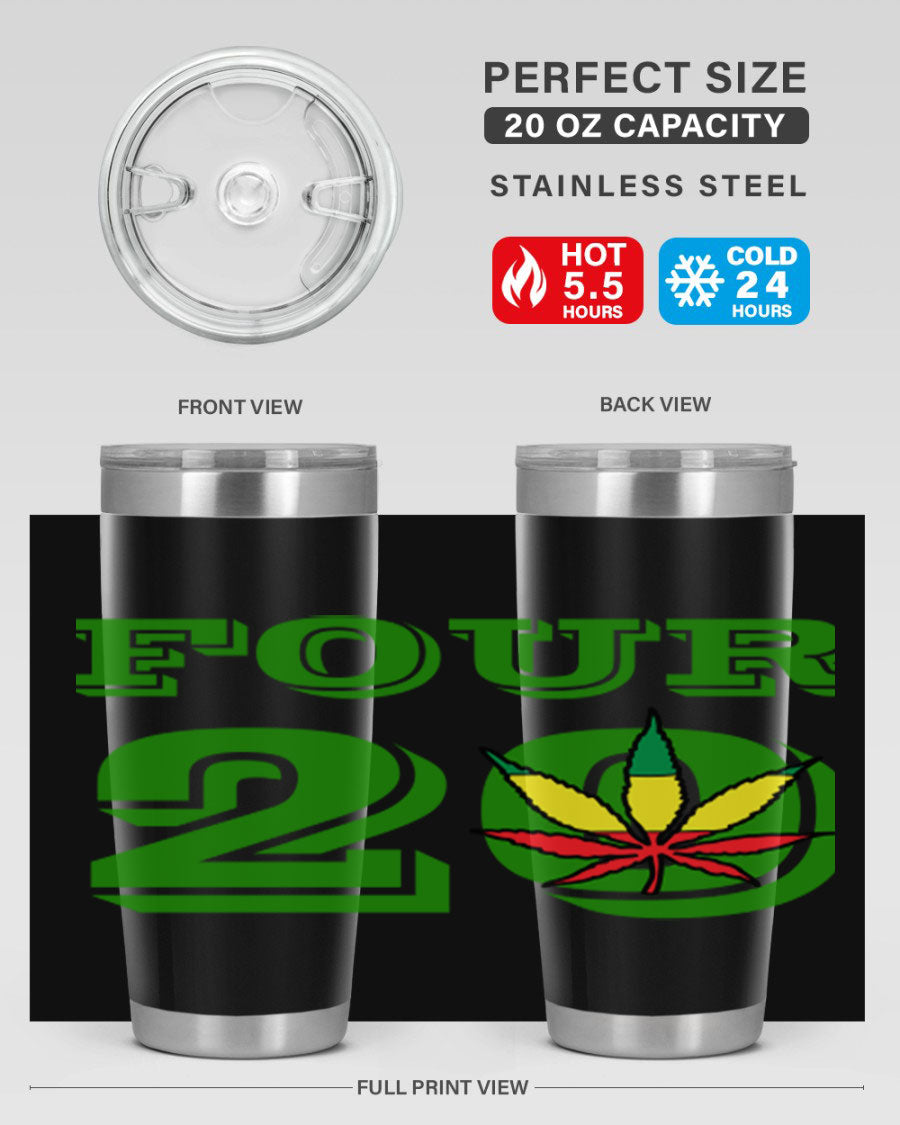 Four Twenty 87# Marijuana Tumbler in stainless steel with a vibrant design, showcasing its double wall vacuum insulation.