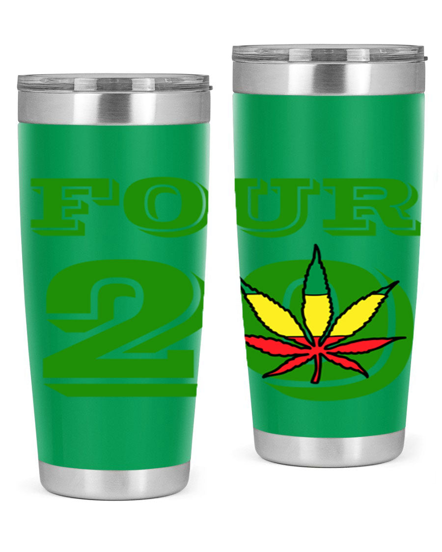 Four Twenty 87# Marijuana Tumbler in stainless steel with a vibrant design, showcasing its double wall vacuum insulation.