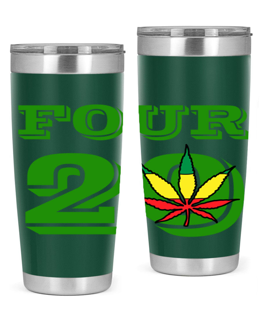 Four Twenty 87# Marijuana Tumbler in stainless steel with a vibrant design, showcasing its double wall vacuum insulation.