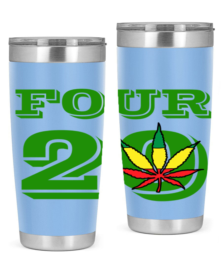 Four Twenty 87# Marijuana Tumbler in stainless steel with a vibrant design, showcasing its double wall vacuum insulation.