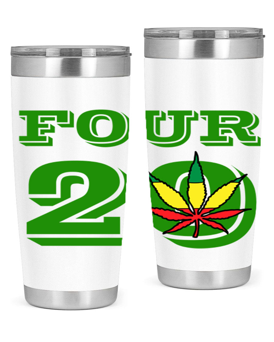 Four Twenty 87# Marijuana Tumbler in stainless steel with a vibrant design, showcasing its double wall vacuum insulation.