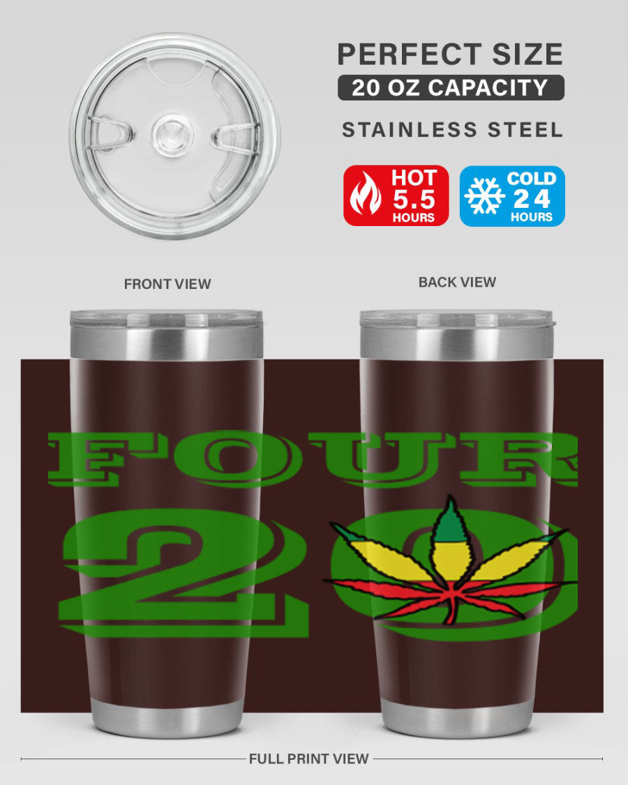Four Twenty 87# Marijuana Tumbler in stainless steel with a vibrant design, showcasing its double wall vacuum insulation.