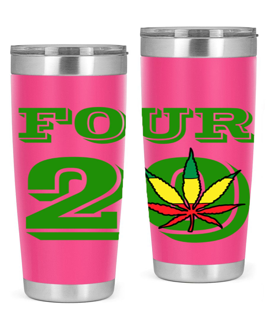 Four Twenty 87# Marijuana Tumbler in stainless steel with a vibrant design, showcasing its double wall vacuum insulation.