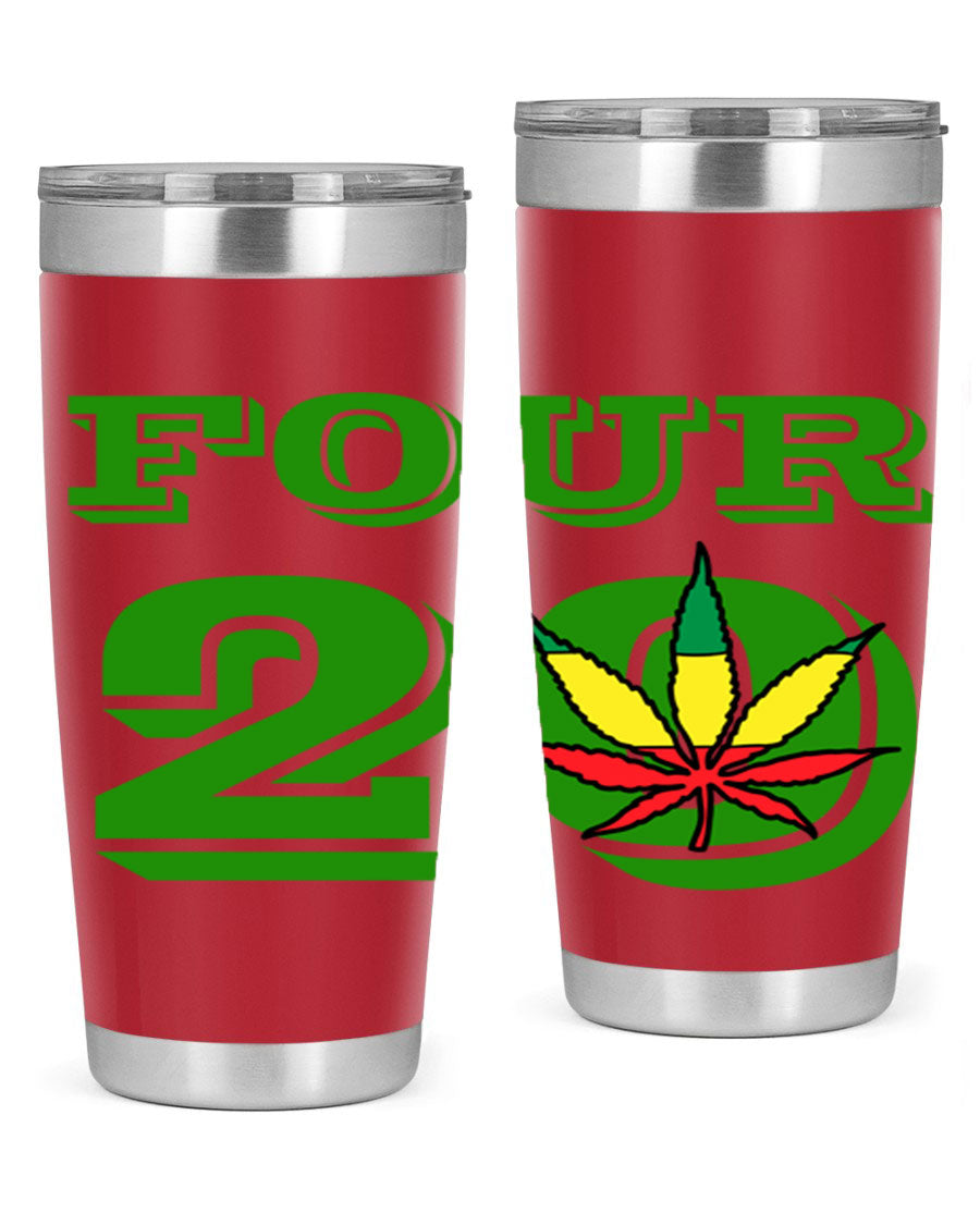 Four Twenty 87# Marijuana Tumbler in stainless steel with a vibrant design, showcasing its double wall vacuum insulation.