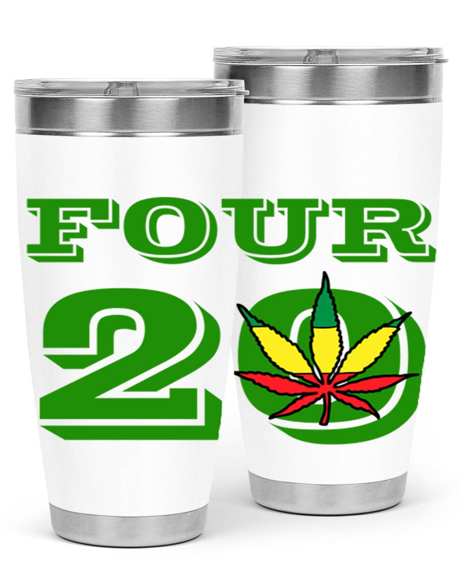 Four Twenty 87# Marijuana Tumbler in stainless steel with a vibrant design, showcasing its double wall vacuum insulation.