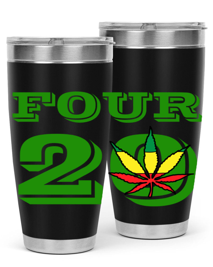Four Twenty 87# Marijuana Tumbler in stainless steel with a vibrant design, showcasing its double wall vacuum insulation.