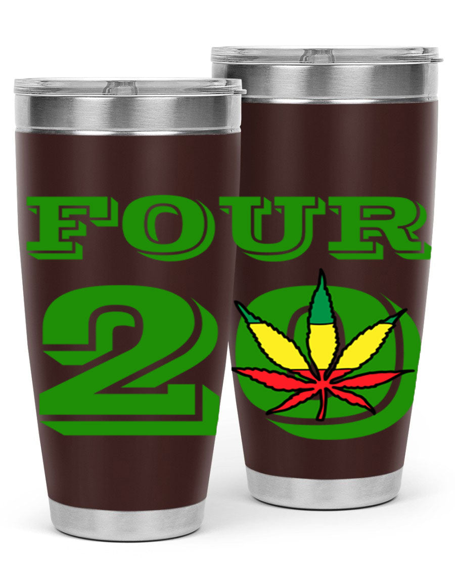 Four Twenty 87# Marijuana Tumbler in stainless steel with a vibrant design, showcasing its double wall vacuum insulation.