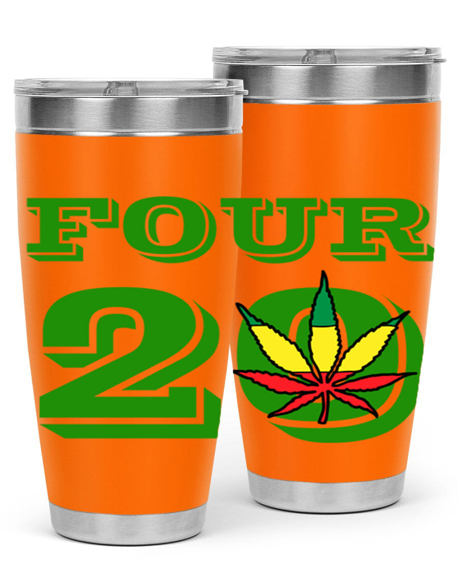 Four Twenty 87# Marijuana Tumbler in stainless steel with a vibrant design, showcasing its double wall vacuum insulation.