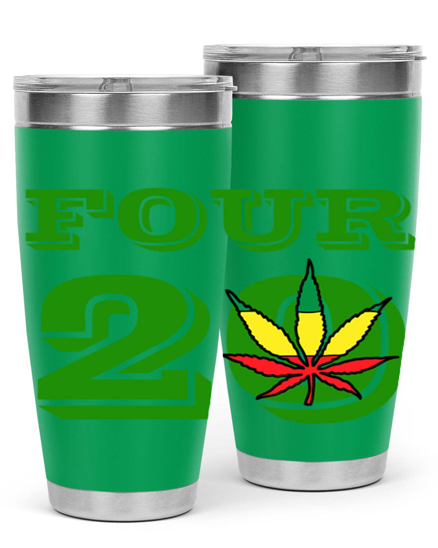 Four Twenty 87# Marijuana Tumbler in stainless steel with a vibrant design, showcasing its double wall vacuum insulation.