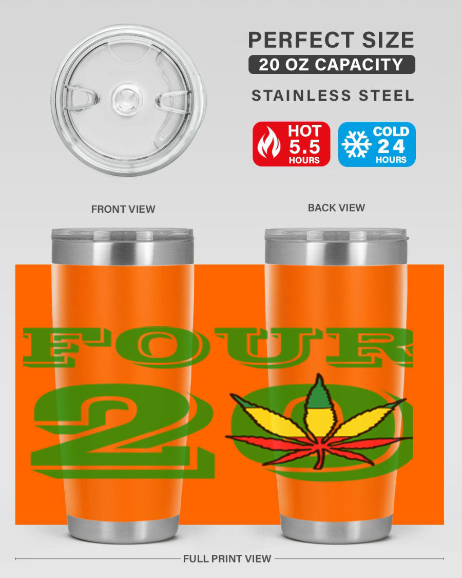 Four Twenty 87# Marijuana Tumbler in stainless steel with a vibrant design, showcasing its double wall vacuum insulation.