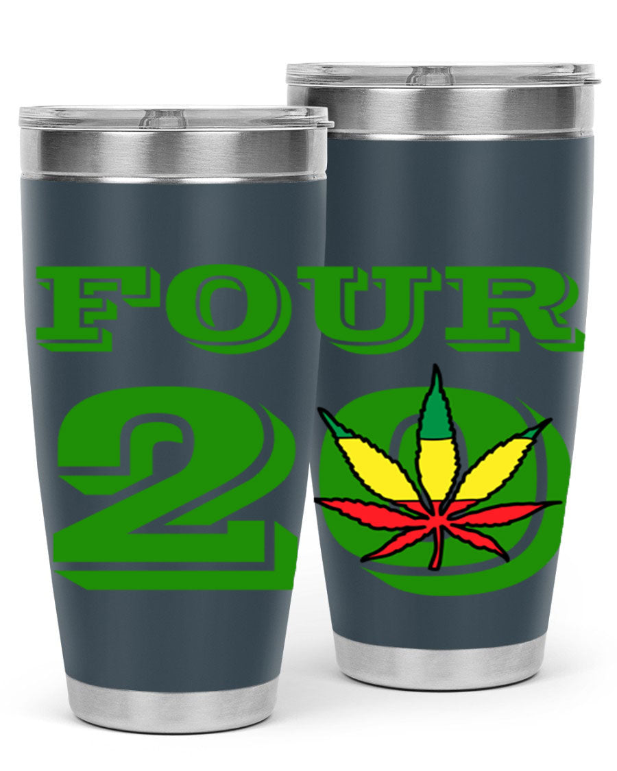 Four Twenty 87# Marijuana Tumbler in stainless steel with a vibrant design, showcasing its double wall vacuum insulation.