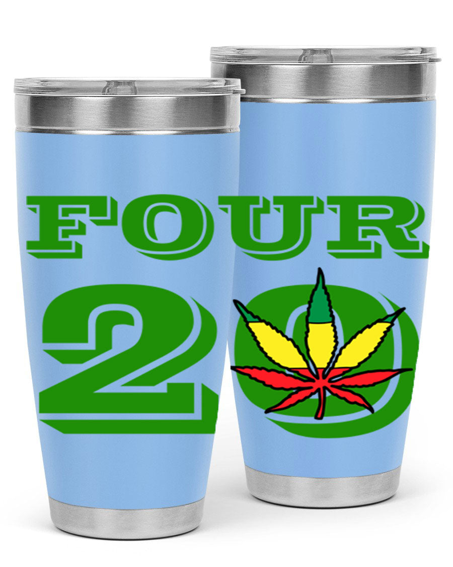 Four Twenty 87# Marijuana Tumbler in stainless steel with a vibrant design, showcasing its double wall vacuum insulation.