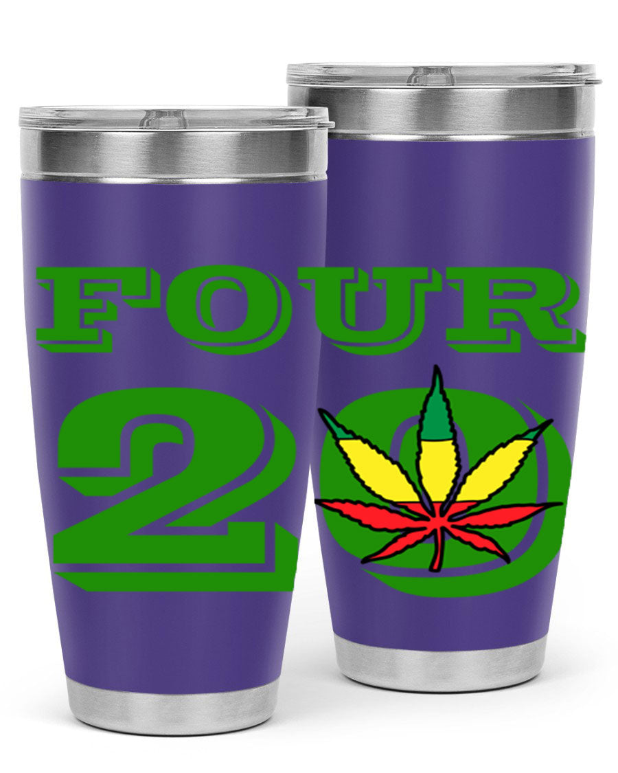 Four Twenty 87# Marijuana Tumbler in stainless steel with a vibrant design, showcasing its double wall vacuum insulation.