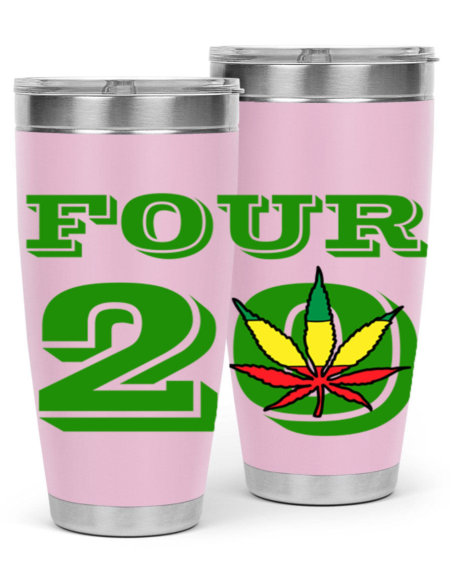 Four Twenty 87# Marijuana Tumbler in stainless steel with a vibrant design, showcasing its double wall vacuum insulation.