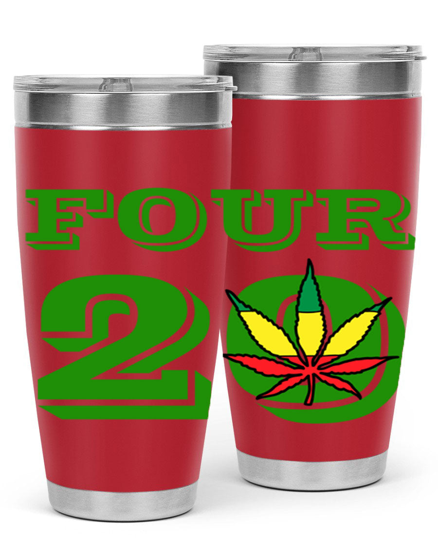 Four Twenty 87# Marijuana Tumbler in stainless steel with a vibrant design, showcasing its double wall vacuum insulation.