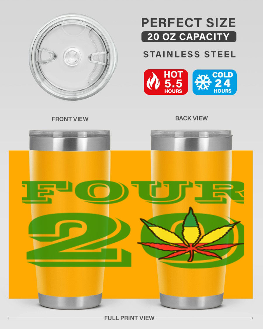 Four Twenty 87# Marijuana Tumbler in stainless steel with a vibrant design, showcasing its double wall vacuum insulation.