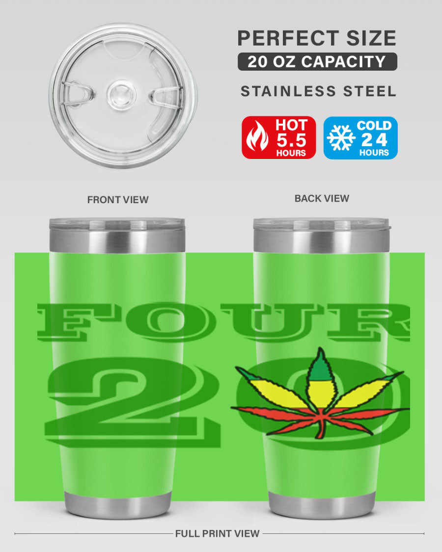 Four Twenty 87# Marijuana Tumbler in stainless steel with a vibrant design, showcasing its double wall vacuum insulation.