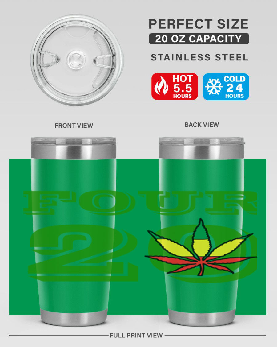 Four Twenty 87# Marijuana Tumbler in stainless steel with a vibrant design, showcasing its double wall vacuum insulation.