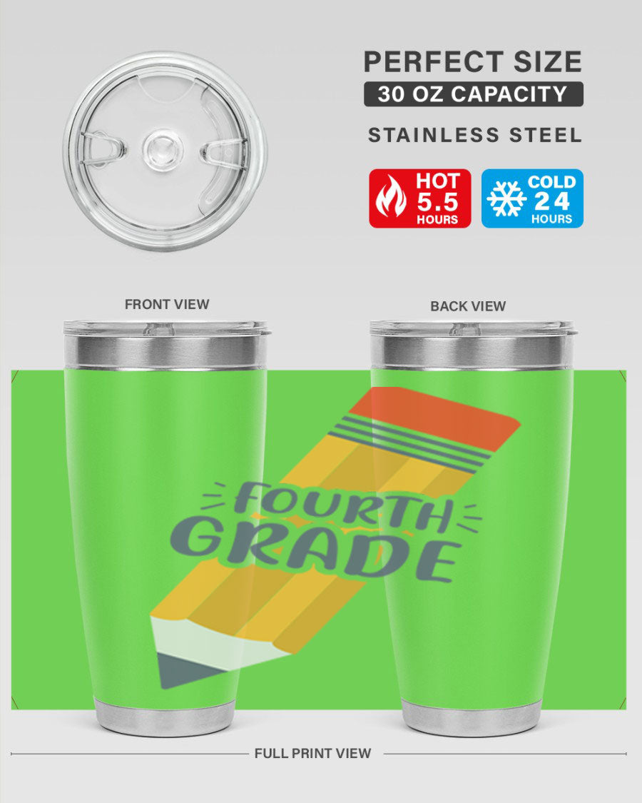 A sleek fourth gradee 20oz tumbler made of double wall vacuum stainless steel, featuring a press-in drink-thru lid, perfect for hot and cold beverages.
