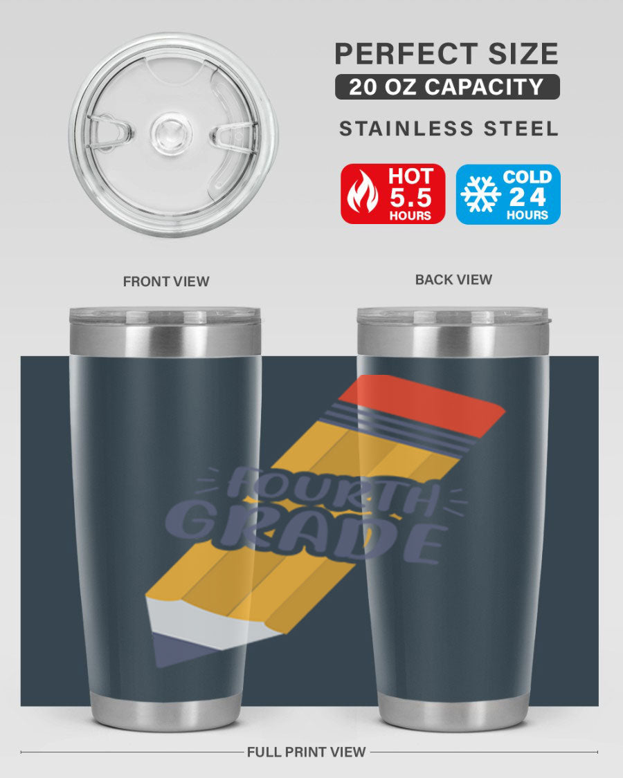A sleek fourth gradee 20oz tumbler made of double wall vacuum stainless steel, featuring a press-in drink-thru lid, perfect for hot and cold beverages.