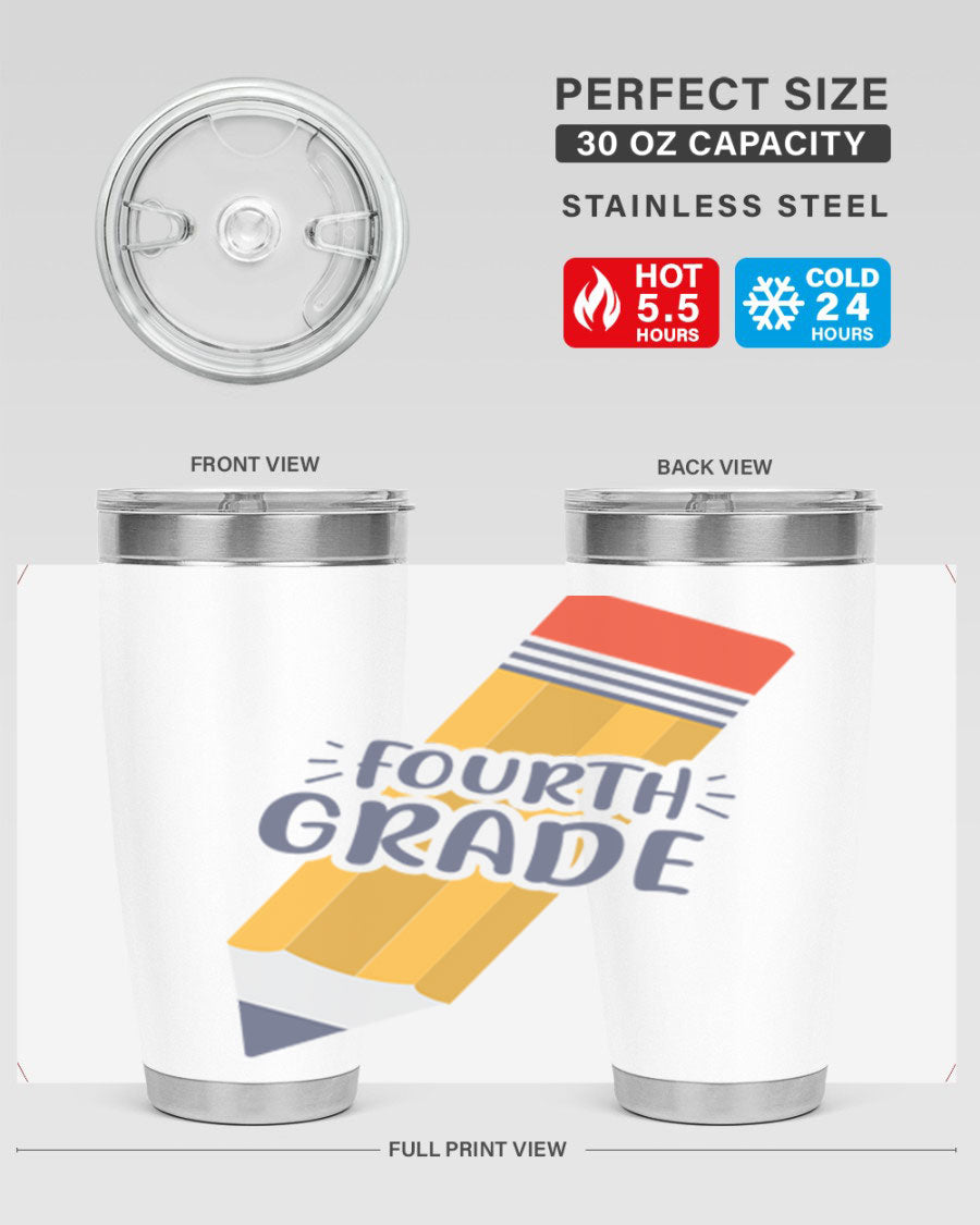 A sleek fourth gradee 20oz tumbler made of double wall vacuum stainless steel, featuring a press-in drink-thru lid, perfect for hot and cold beverages.