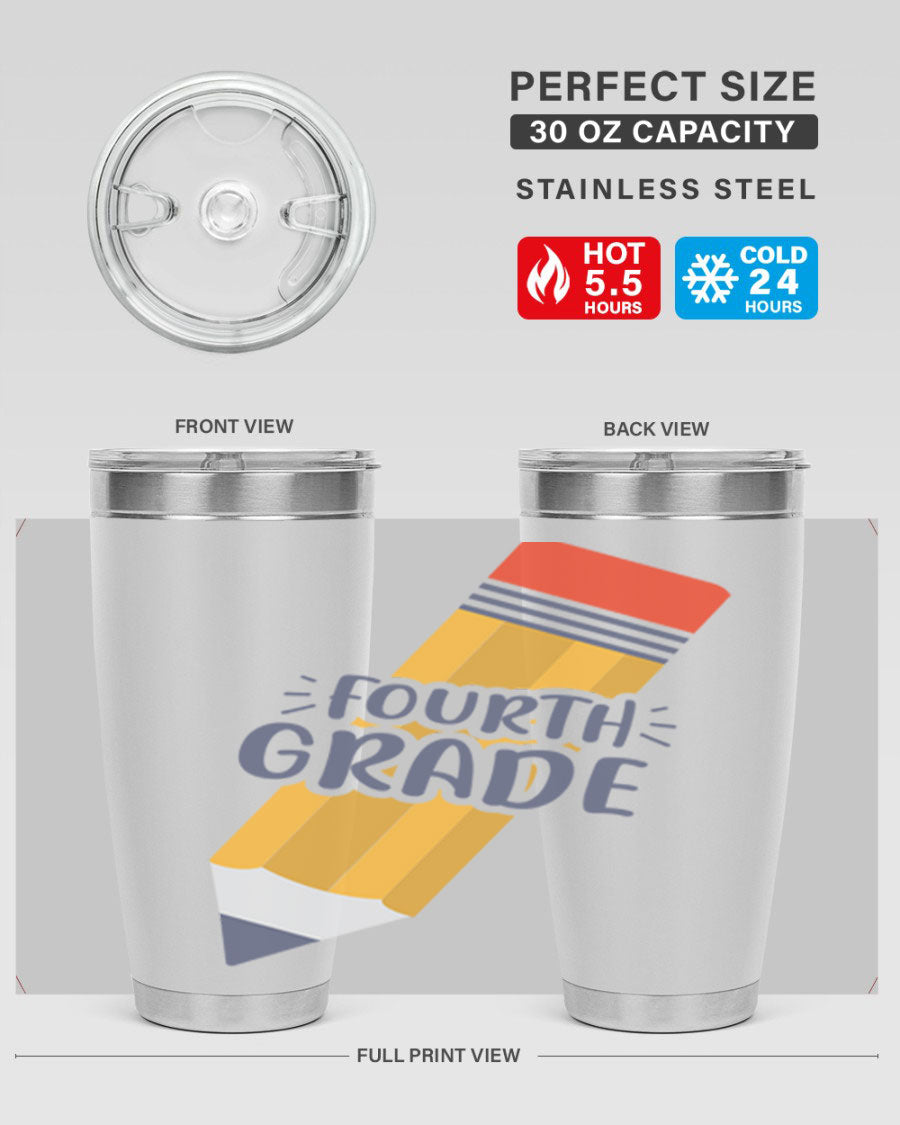 A sleek fourth gradee 20oz tumbler made of double wall vacuum stainless steel, featuring a press-in drink-thru lid, perfect for hot and cold beverages.