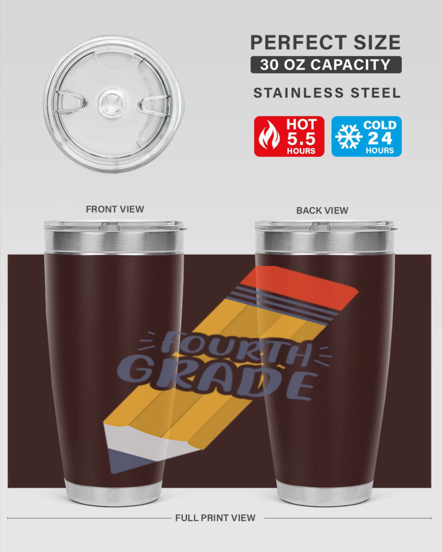 A sleek fourth gradee 20oz tumbler made of double wall vacuum stainless steel, featuring a press-in drink-thru lid, perfect for hot and cold beverages.