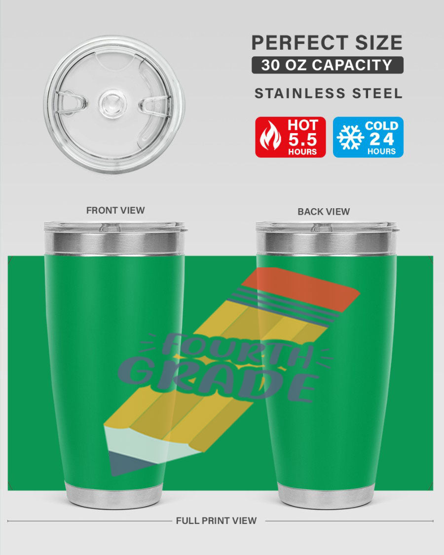 A sleek fourth gradee 20oz tumbler made of double wall vacuum stainless steel, featuring a press-in drink-thru lid, perfect for hot and cold beverages.