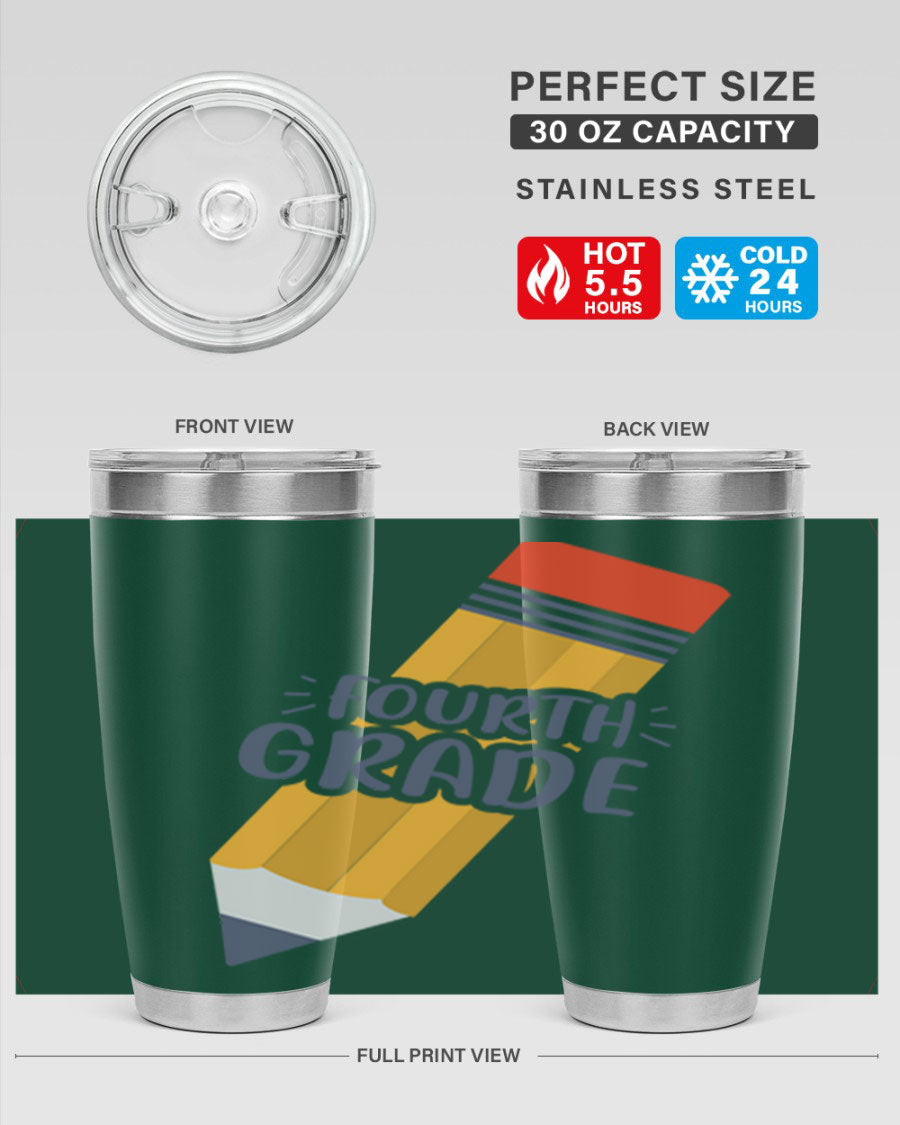 A sleek fourth gradee 20oz tumbler made of double wall vacuum stainless steel, featuring a press-in drink-thru lid, perfect for hot and cold beverages.