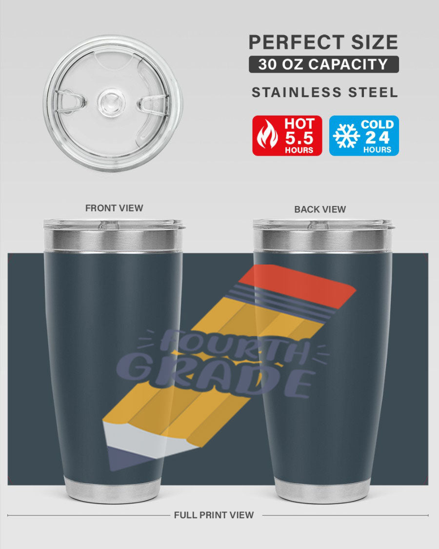 A sleek fourth gradee 20oz tumbler made of double wall vacuum stainless steel, featuring a press-in drink-thru lid, perfect for hot and cold beverages.