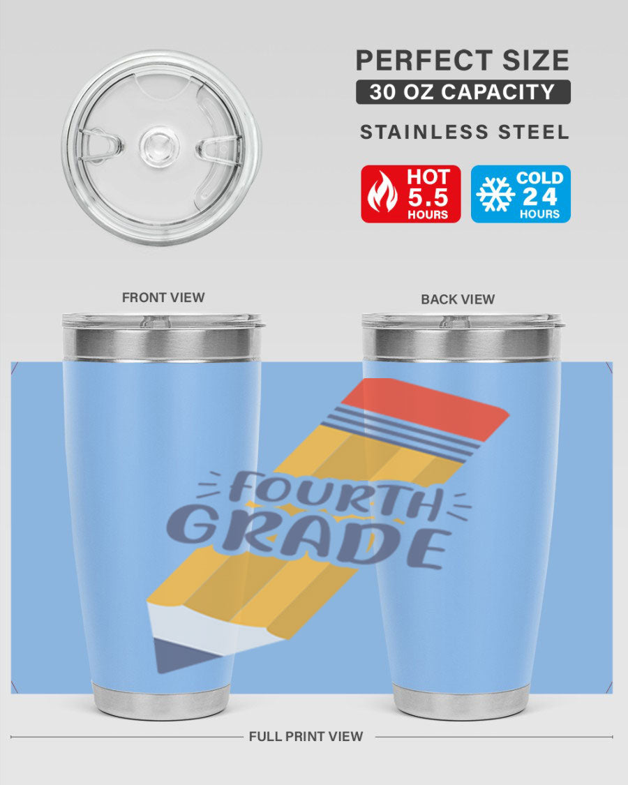A sleek fourth gradee 20oz tumbler made of double wall vacuum stainless steel, featuring a press-in drink-thru lid, perfect for hot and cold beverages.
