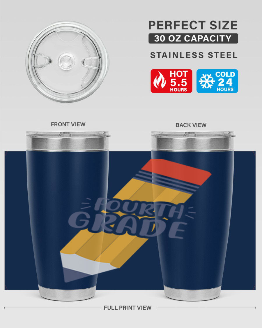 A sleek fourth gradee 20oz tumbler made of double wall vacuum stainless steel, featuring a press-in drink-thru lid, perfect for hot and cold beverages.