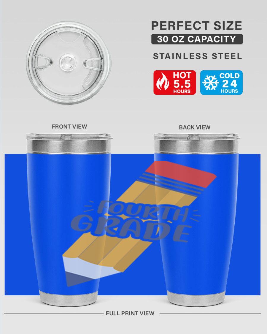 A sleek fourth gradee 20oz tumbler made of double wall vacuum stainless steel, featuring a press-in drink-thru lid, perfect for hot and cold beverages.
